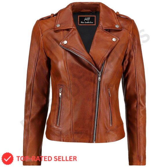 Vintage Lambskin Leather Moto Jacket Women's Biker Style Zip-Up
